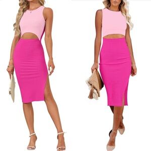 AUSELILY | Pink & Rose Red Bodycon Crew Neck Cutout Midi Dress | Size Small